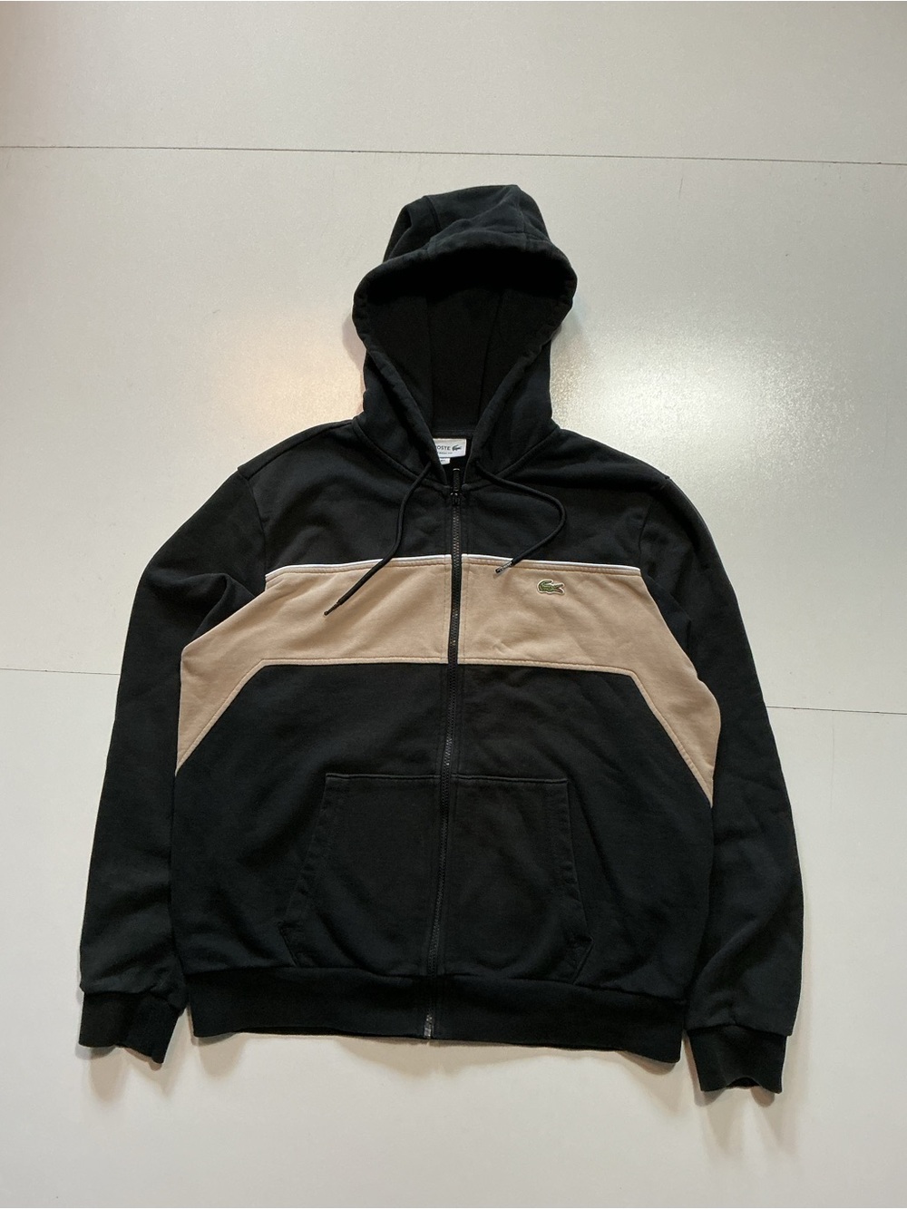 Lacoste Classic Fit Black Khaki Color Block French Terry Crocodile Zip Hoodie